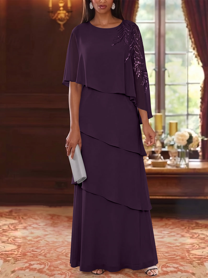 A-Line/Princess Scoop Chiffon Mother of the Bride Dresses Cape Sleeves Floor-Length Floral Sequins
