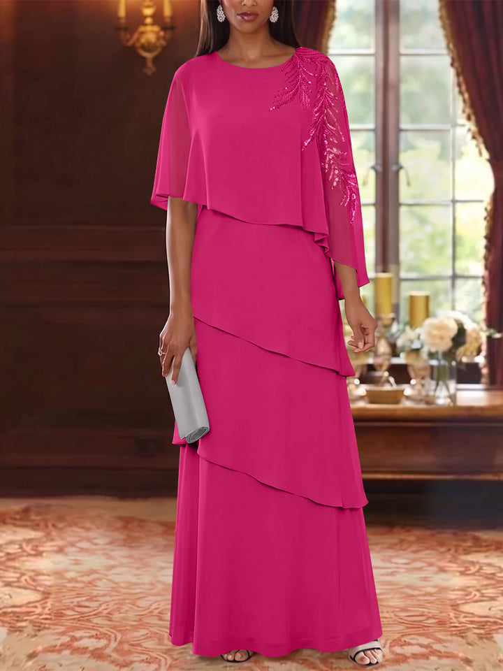 A-Line/Princess Scoop Chiffon Mother of the Bride Dresses Cape Sleeves Floor-Length Floral Sequins