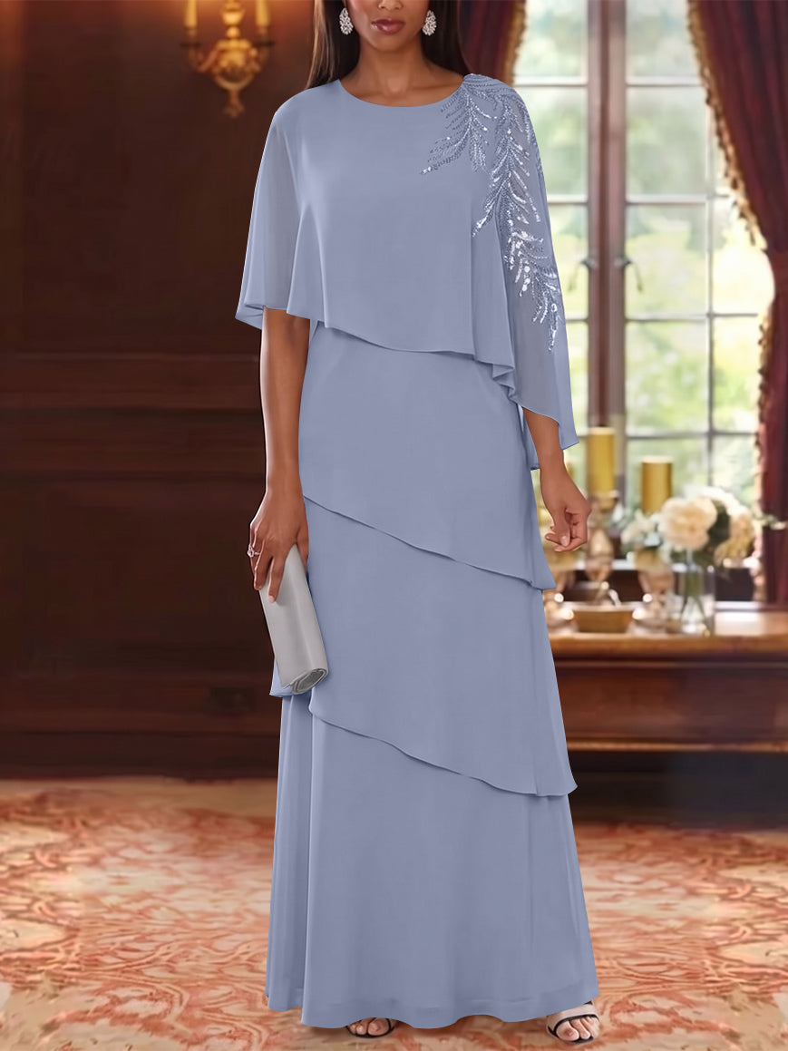 A-Line/Princess Scoop Chiffon Mother of the Bride Dresses Cape Sleeves Floor-Length Floral Sequins