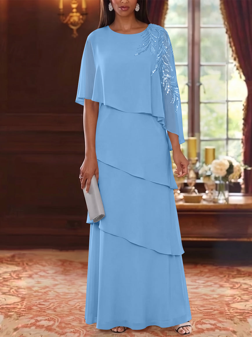 A-Line/Princess Scoop Chiffon Mother of the Bride Dresses Cape Sleeves Floor-Length Floral Sequins