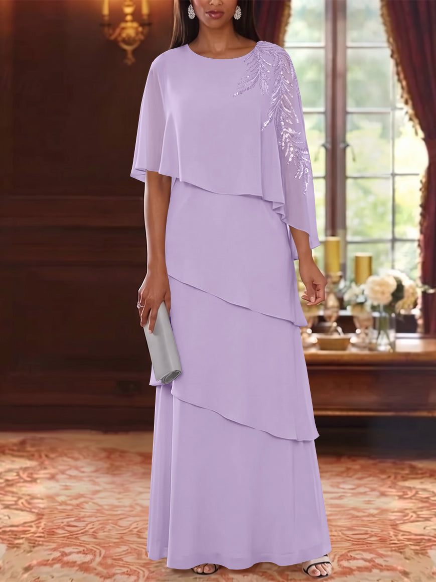 A-Line/Princess Scoop Chiffon Mother of the Bride Dresses Cape Sleeves Floor-Length Floral Sequins