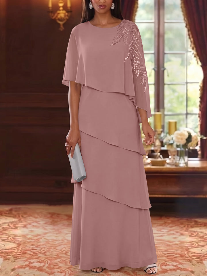 A-Line/Princess Scoop Chiffon Mother of the Bride Dresses Cape Sleeves Floor-Length Floral Sequins