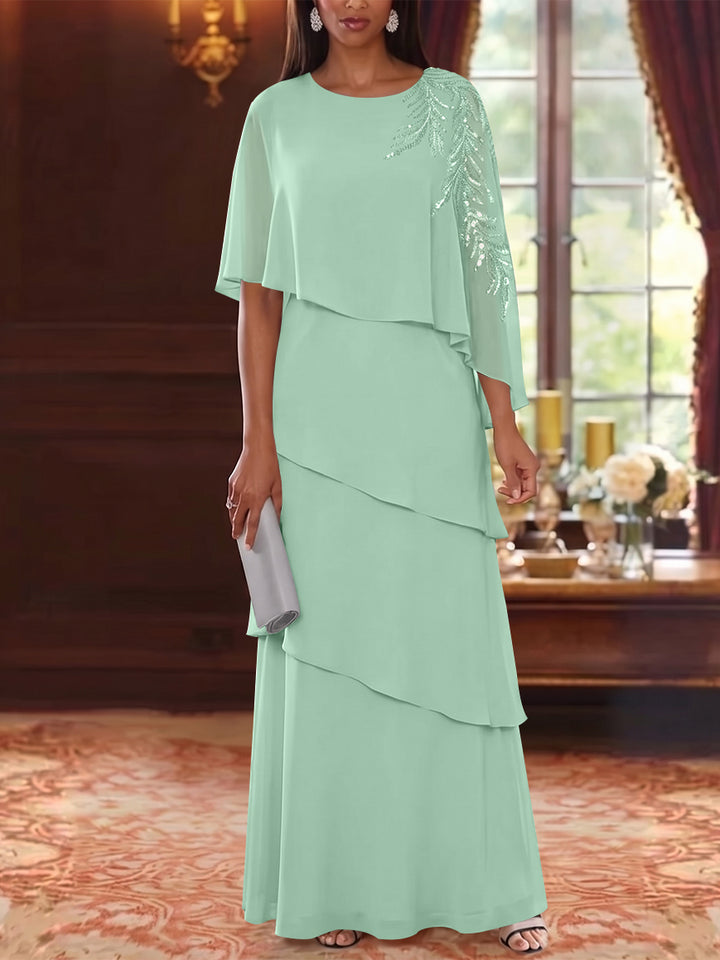 A-Line/Princess Scoop Chiffon Mother of the Bride Dresses Cape Sleeves Floor-Length Floral Sequins