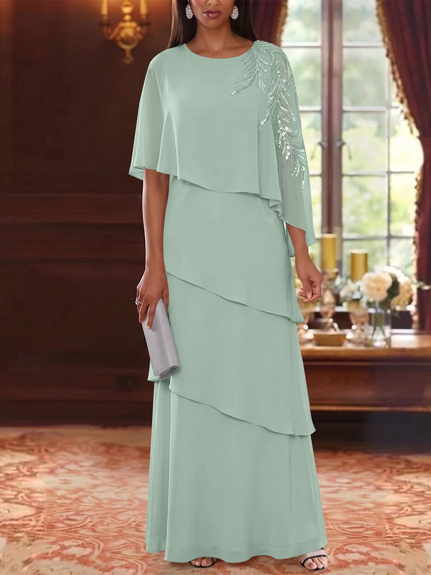 A-Line/Princess Scoop Chiffon Mother of the Bride Dresses Cape Sleeves Floor-Length Floral Sequins