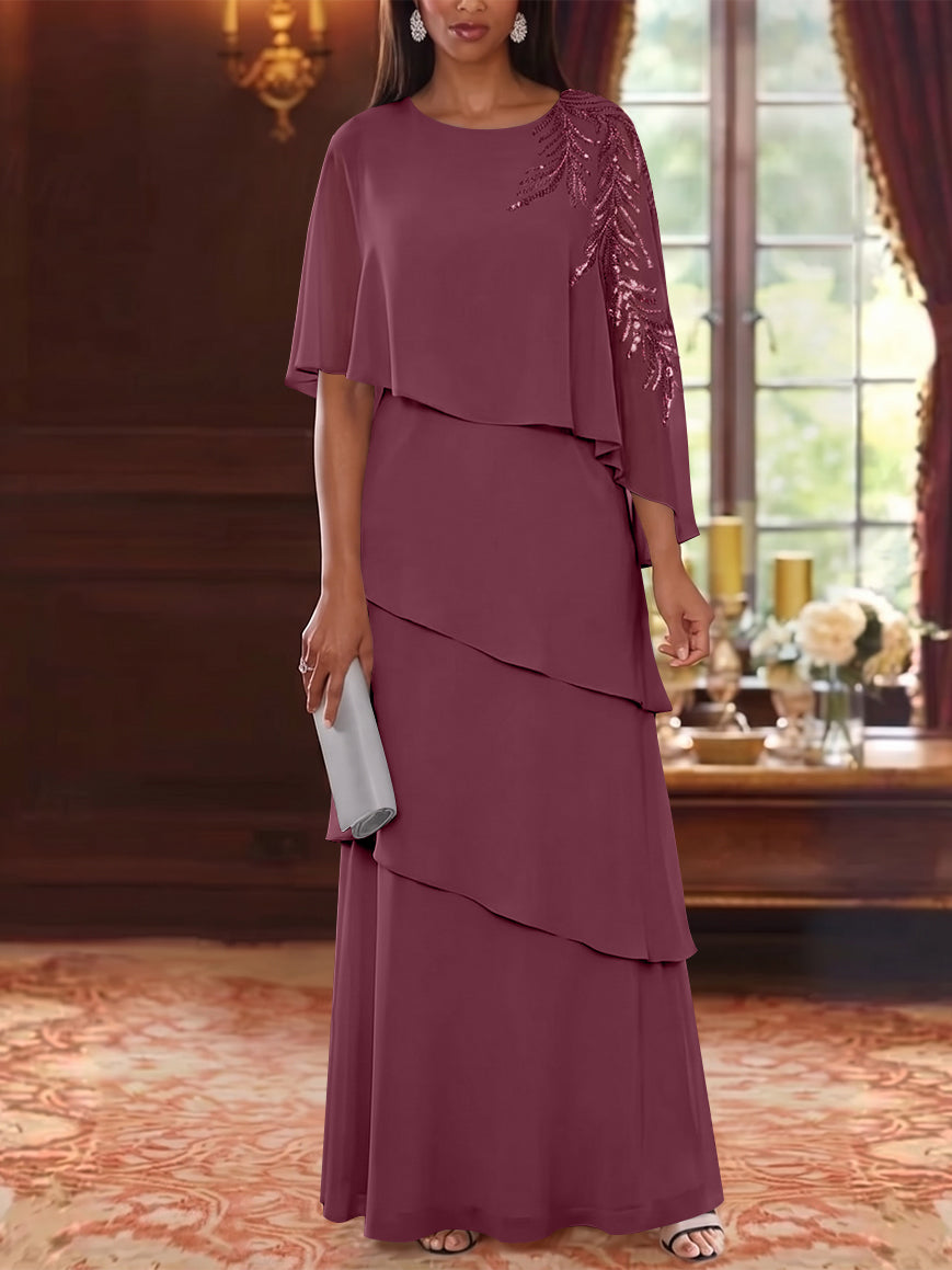 A-Line/Princess Scoop Chiffon Mother of the Bride Dresses Cape Sleeves Floor-Length Floral Sequins