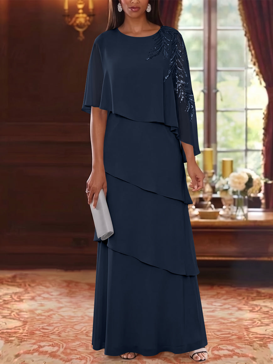 A-Line/Princess Scoop Chiffon Mother of the Bride Dresses Cape Sleeves Floor-Length Floral Sequins