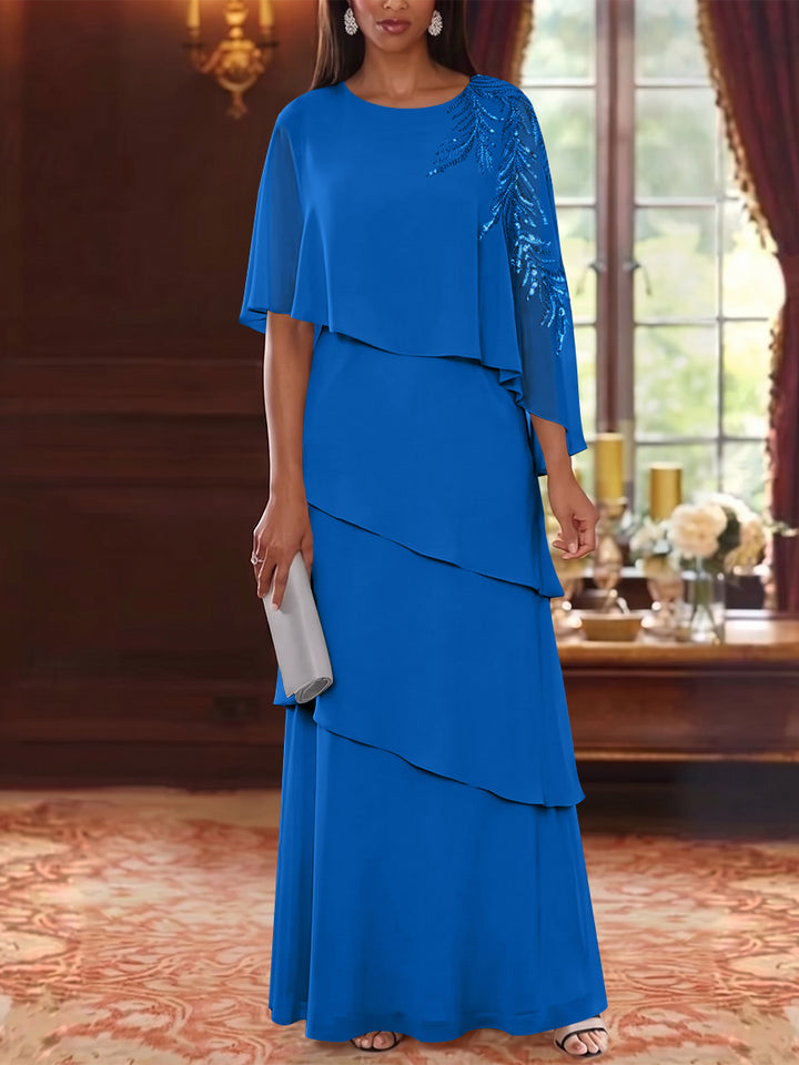 A-Line/Princess Scoop Chiffon Mother of the Bride Dresses Cape Sleeves Floor-Length Floral Sequins