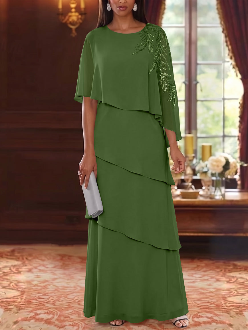 A-Line/Princess Scoop Chiffon Mother of the Bride Dresses Cape Sleeves Floor-Length Floral Sequins