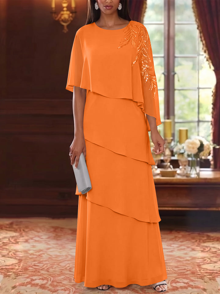 A-Line/Princess Scoop Chiffon Mother of the Bride Dresses Cape Sleeves Floor-Length Floral Sequins