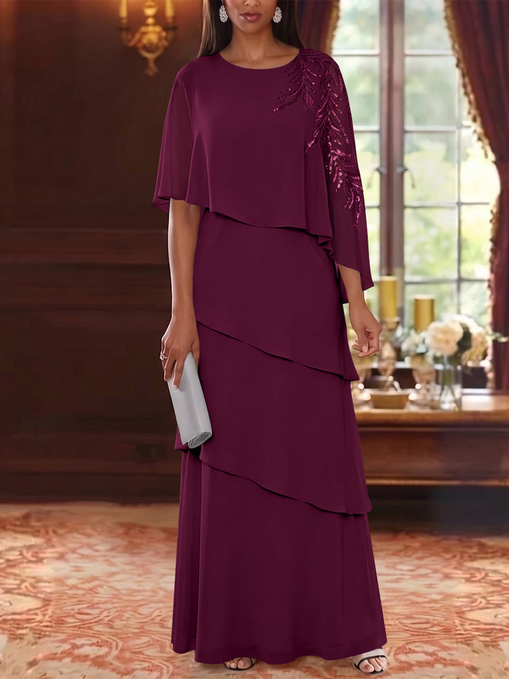 A-Line/Princess Scoop Chiffon Mother of the Bride Dresses Cape Sleeves Floor-Length Floral Sequins
