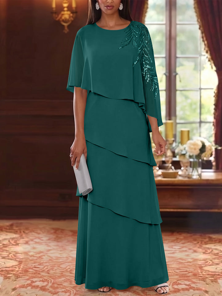 A-Line/Princess Scoop Chiffon Mother of the Bride Dresses Cape Sleeves Floor-Length Floral Sequins