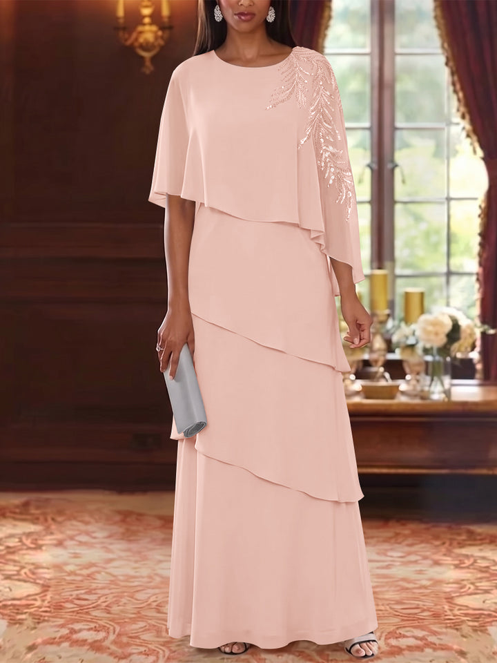 A-Line/Princess Scoop Chiffon Mother of the Bride Dresses Cape Sleeves Floor-Length Floral Sequins