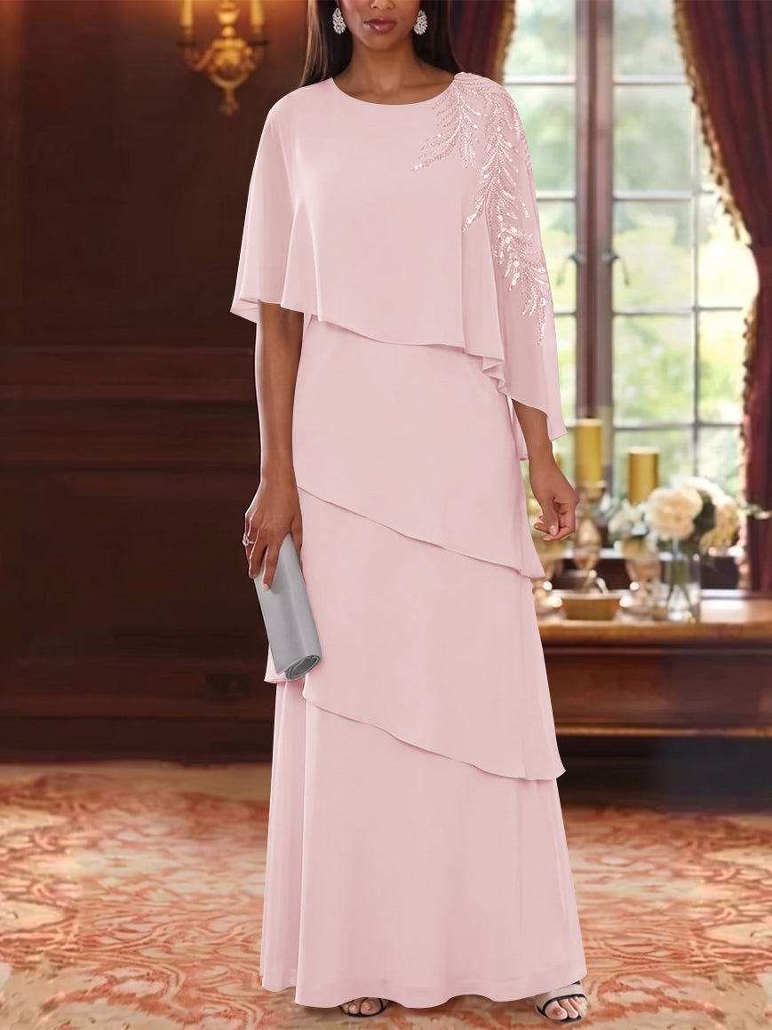 A-Line/Princess Scoop Chiffon Mother of the Bride Dresses Cape Sleeves Floor-Length Floral Sequins