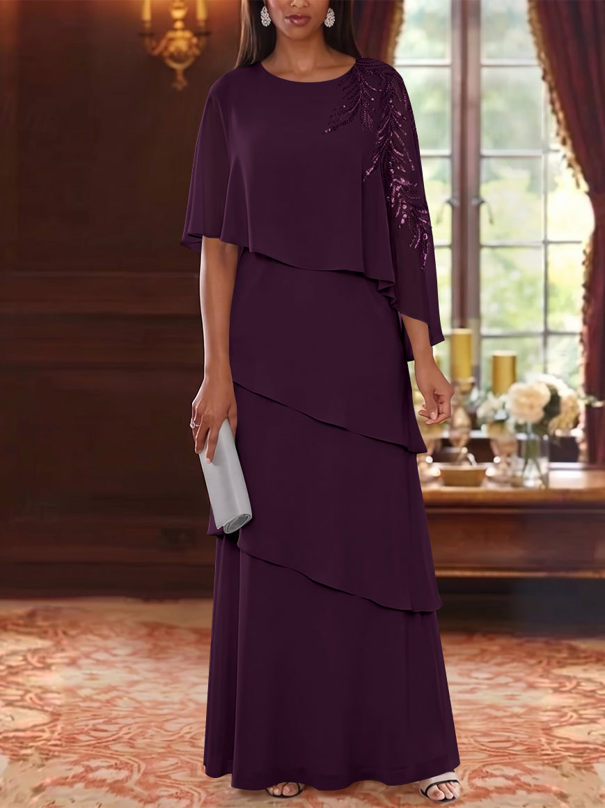 A-Line/Princess Scoop Chiffon Mother of the Bride Dresses Cape Sleeves Floor-Length Floral Sequins