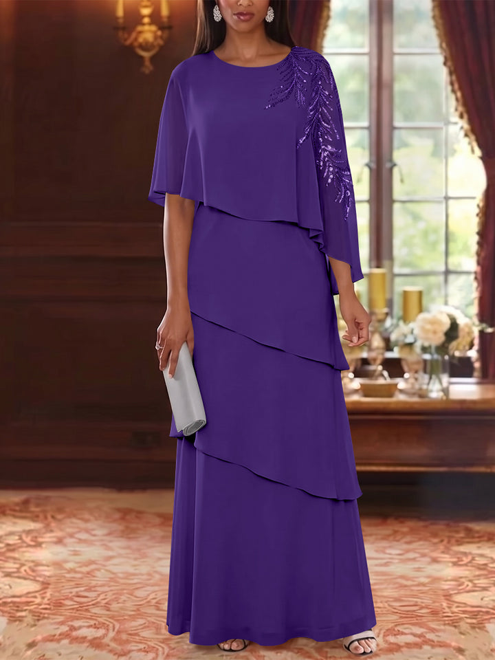 A-Line/Princess Scoop Chiffon Mother of the Bride Dresses Cape Sleeves Floor-Length Floral Sequins