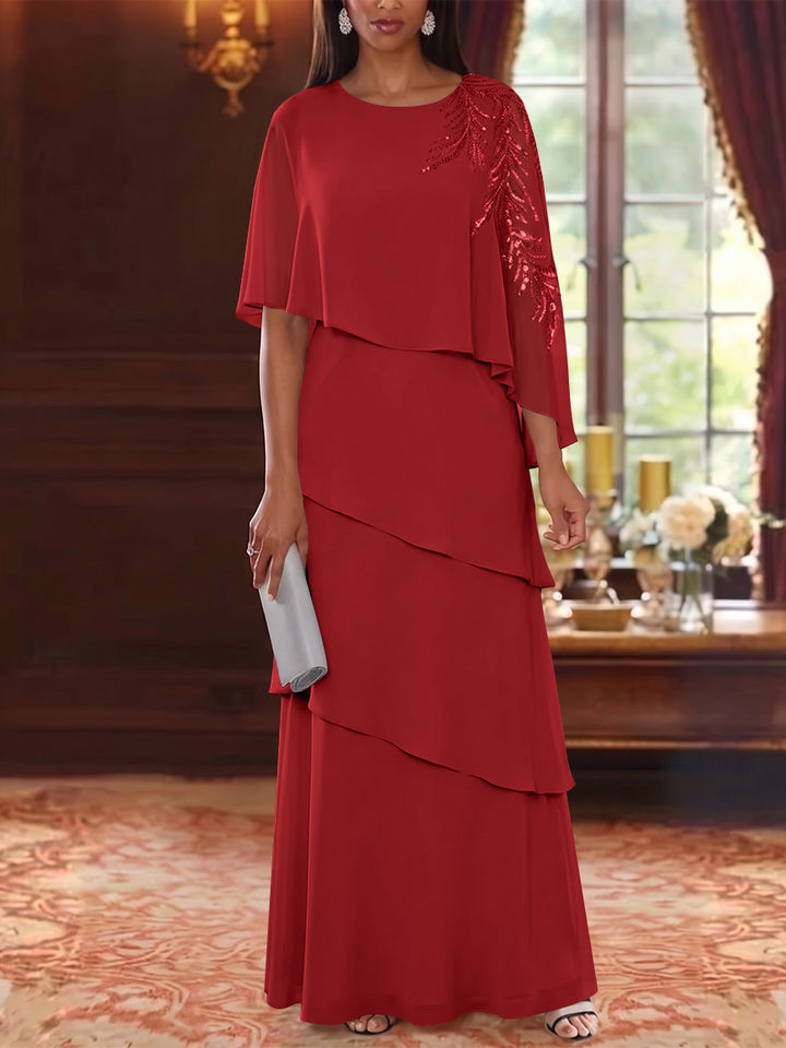 A-Line/Princess Scoop Chiffon Mother of the Bride Dresses Cape Sleeves Floor-Length Floral Sequins