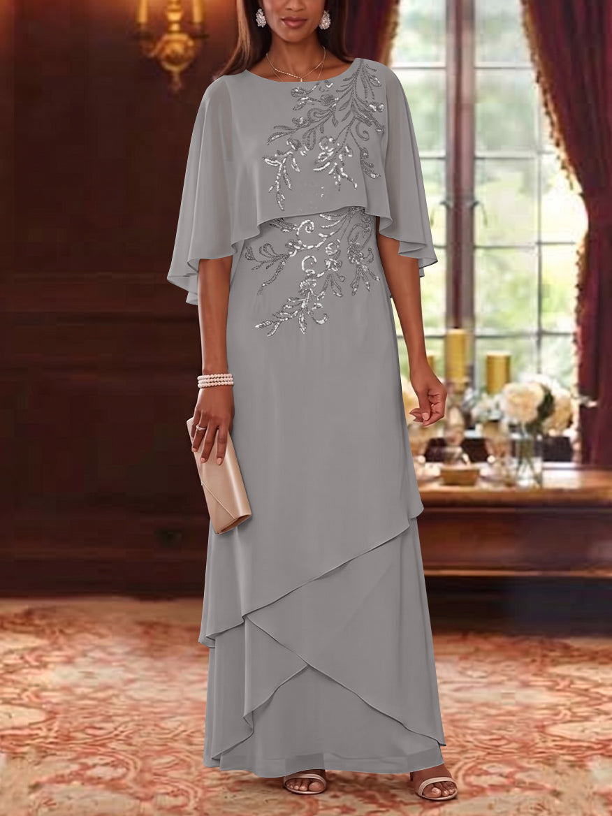 A-Line/Princess Scoop Chiffon Mother of the Bride Dresses Cape Sleeves Floor-Length Floral Sequins