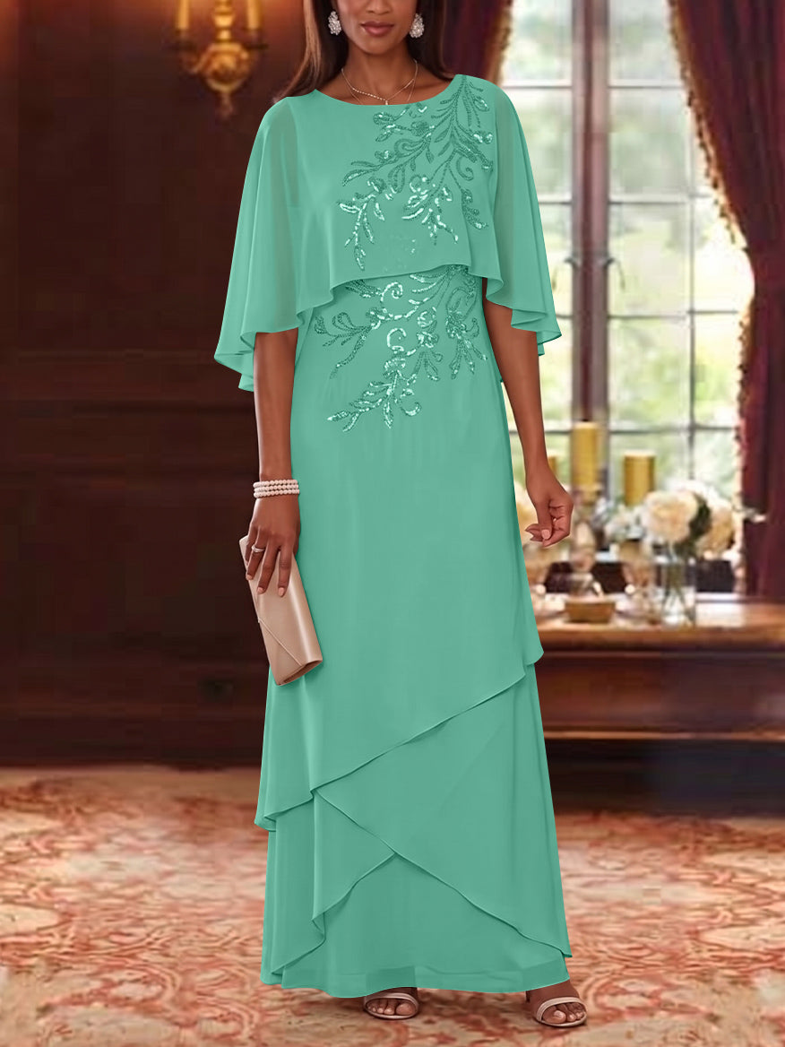 A-Line/Princess Scoop Chiffon Mother of the Bride Dresses Cape Sleeves Floor-Length Floral Sequins