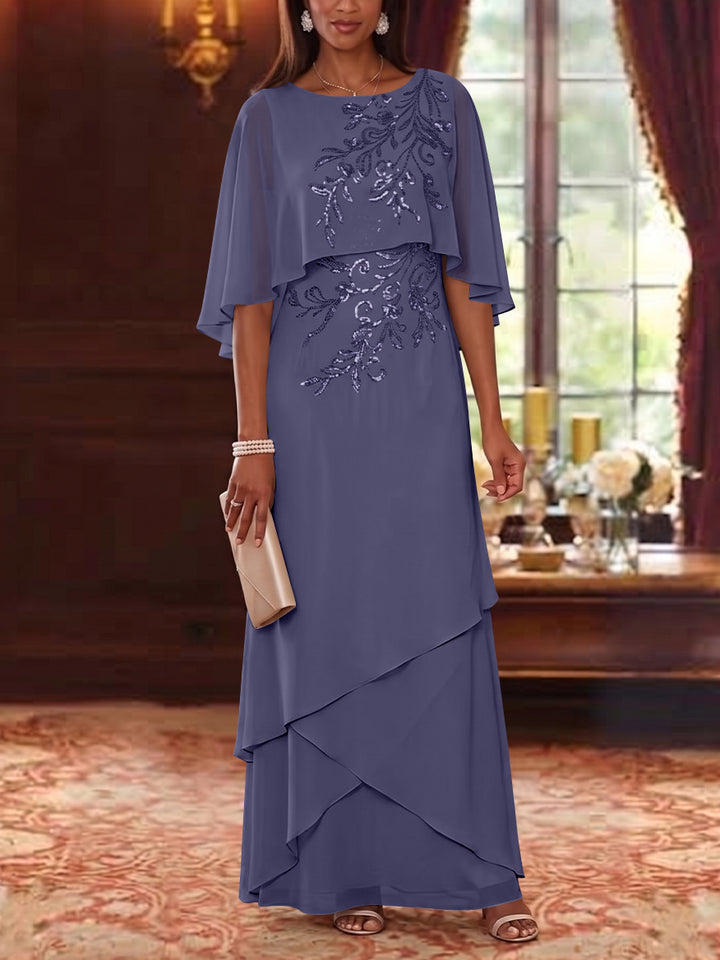 A-Line/Princess Scoop Chiffon Mother of the Bride Dresses Cape Sleeves Floor-Length Floral Sequins