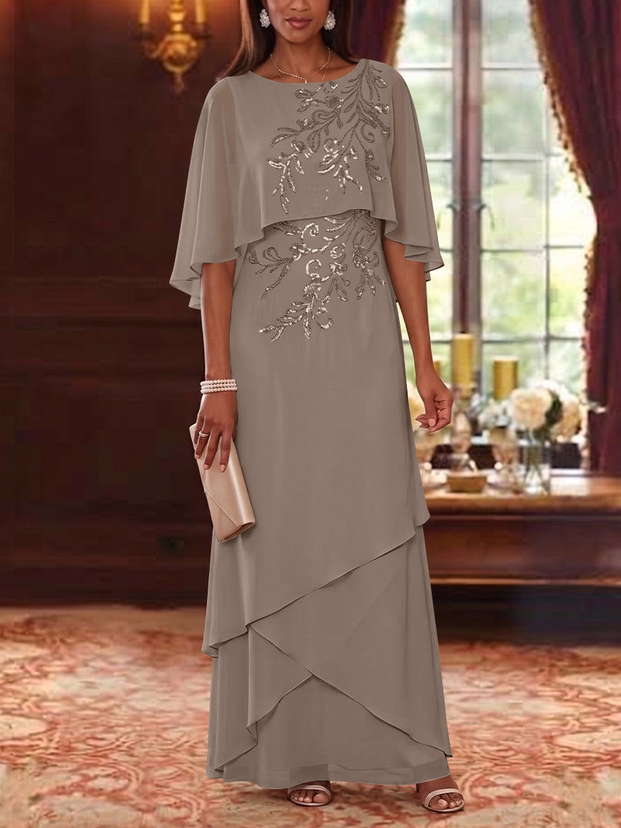 A-Line/Princess Scoop Chiffon Mother of the Bride Dresses Cape Sleeves Floor-Length Floral Sequins