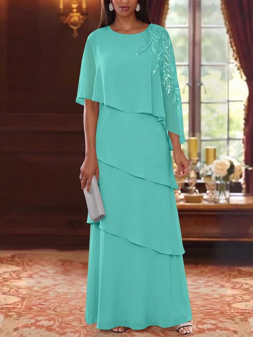 A-Line/Princess Scoop Chiffon Mother of the Bride Dresses Cape Sleeves Floor-Length Floral Sequins
