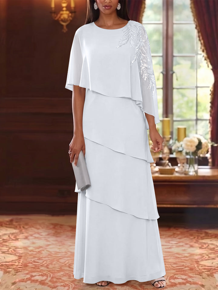A-Line/Princess Scoop Chiffon Mother of the Bride Dresses Cape Sleeves Floor-Length Floral Sequins