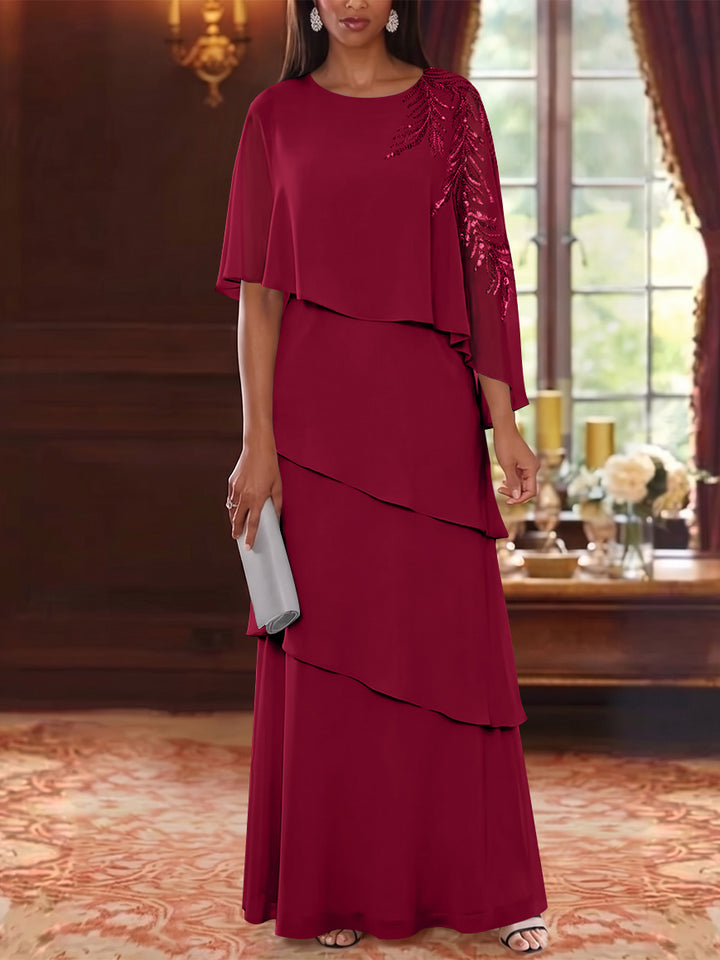 A-Line/Princess Scoop Chiffon Mother of the Bride Dresses Cape Sleeves Floor-Length Floral Sequins