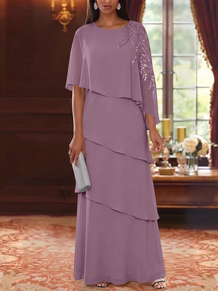 A-Line/Princess Scoop Chiffon Mother of the Bride Dresses Cape Sleeves Floor-Length Floral Sequins