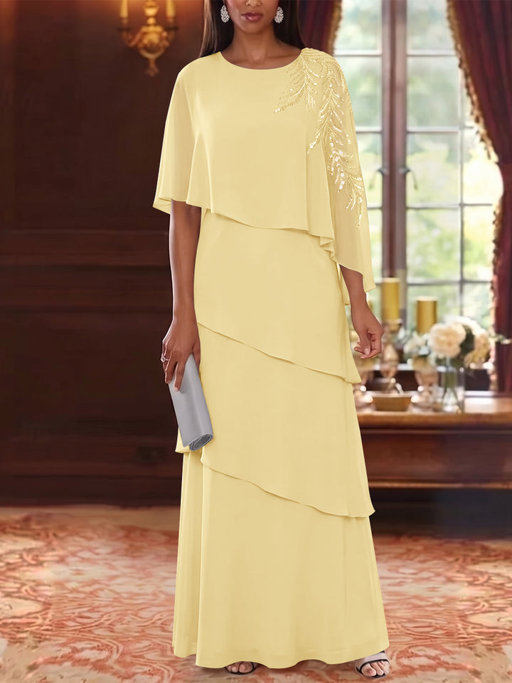 A-Line/Princess Scoop Chiffon Mother of the Bride Dresses Cape Sleeves Floor-Length Floral Sequins