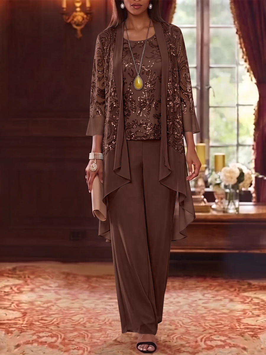 3 Pieces Scoop Chiffon Mother of the Bride Pantsuits with Jacket 3/4 Sleeves Ankle-Length Floral Sequins