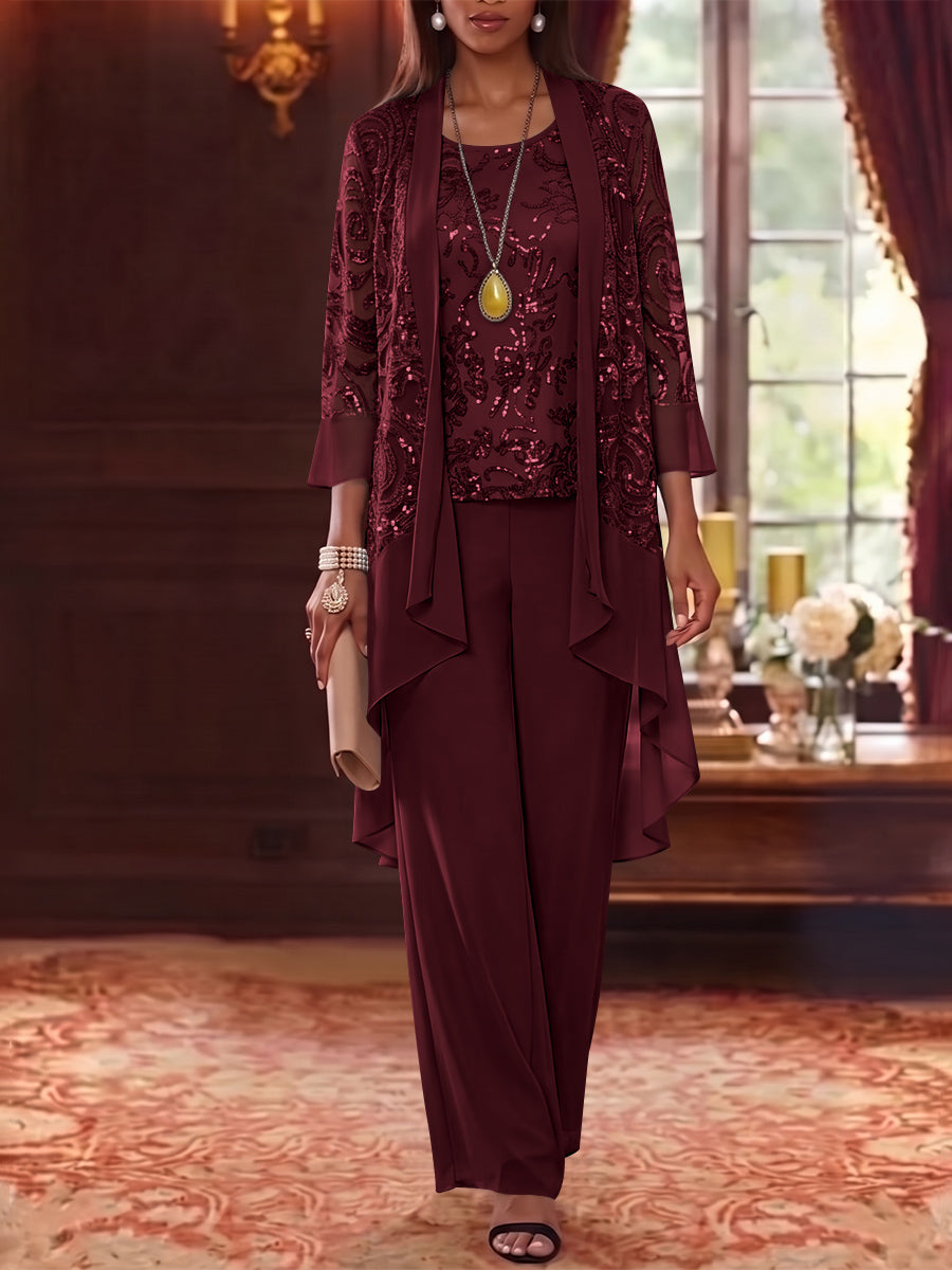3 Pieces Scoop Chiffon Mother of the Bride Pantsuits with Jacket 3/4 Sleeves Ankle-Length Floral Sequins