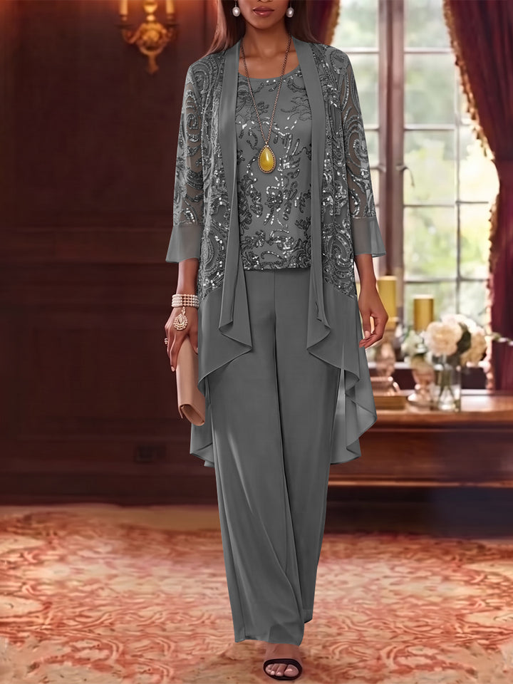 3 Pieces Scoop Chiffon Mother of the Bride Pantsuits with Jacket 3/4 Sleeves Ankle-Length Floral Sequins