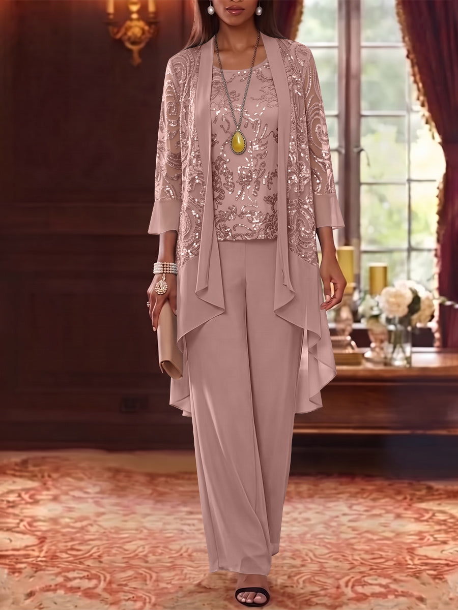 3 Pieces Scoop Chiffon Mother of the Bride Pantsuits with Jacket 3/4 Sleeves Ankle-Length Floral Sequins