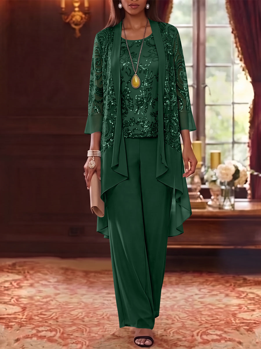 3 Pieces Scoop Chiffon Mother of the Bride Pantsuits with Jacket 3/4 Sleeves Ankle-Length Floral Sequins