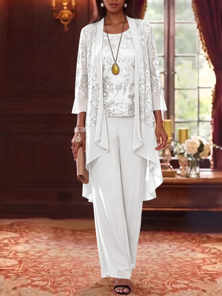 3 Pieces Scoop Chiffon Mother of the Bride Pantsuits with Jacket 3/4 Sleeves Ankle-Length Floral Sequins