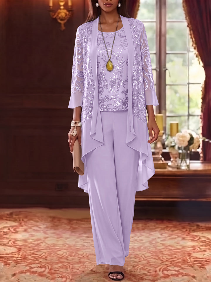 3 Pieces Scoop Chiffon Mother of the Bride Pantsuits with Jacket 3/4 Sleeves Ankle-Length Floral Sequins