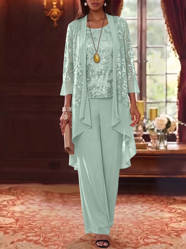 3 Pieces Scoop Chiffon Mother of the Bride Pantsuits with Jacket 3/4 Sleeves Ankle-Length Floral Sequins
