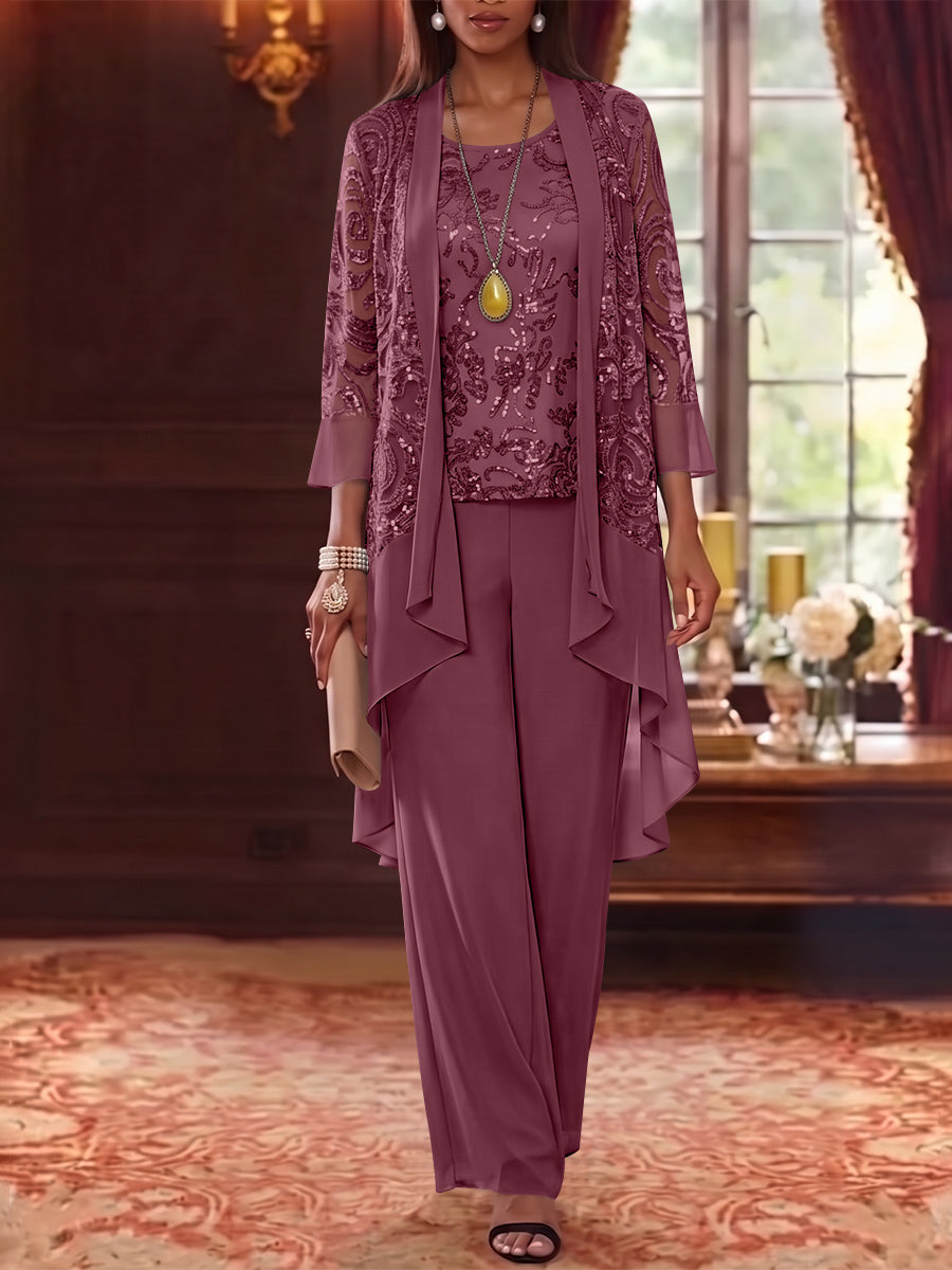 3 Pieces Scoop Chiffon Mother of the Bride Pantsuits with Jacket 3/4 Sleeves Ankle-Length Floral Sequins