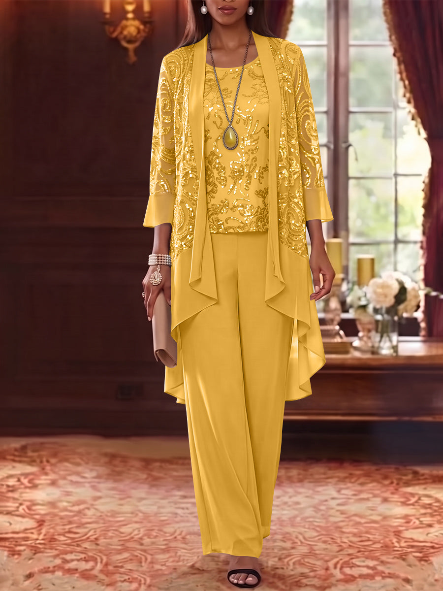 3 Pieces Scoop Chiffon Mother of the Bride Pantsuits with Jacket 3/4 Sleeves Ankle-Length Floral Sequins