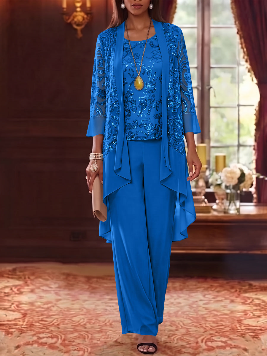 3 Pieces Scoop Chiffon Mother of the Bride Pantsuits with Jacket 3/4 Sleeves Ankle-Length Floral Sequins