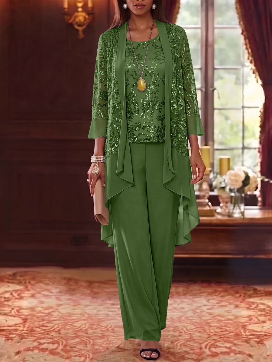 3 Pieces Scoop Chiffon Mother of the Bride Pantsuits with Jacket 3/4 Sleeves Ankle-Length Floral Sequins