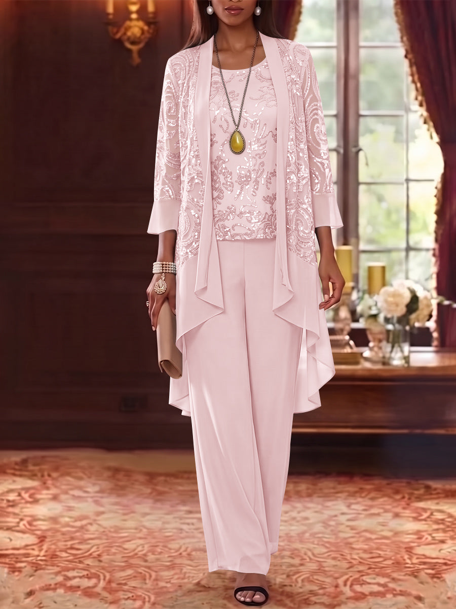 3 Pieces Scoop Chiffon Mother of the Bride Pantsuits with Jacket 3/4 Sleeves Ankle-Length Floral Sequins