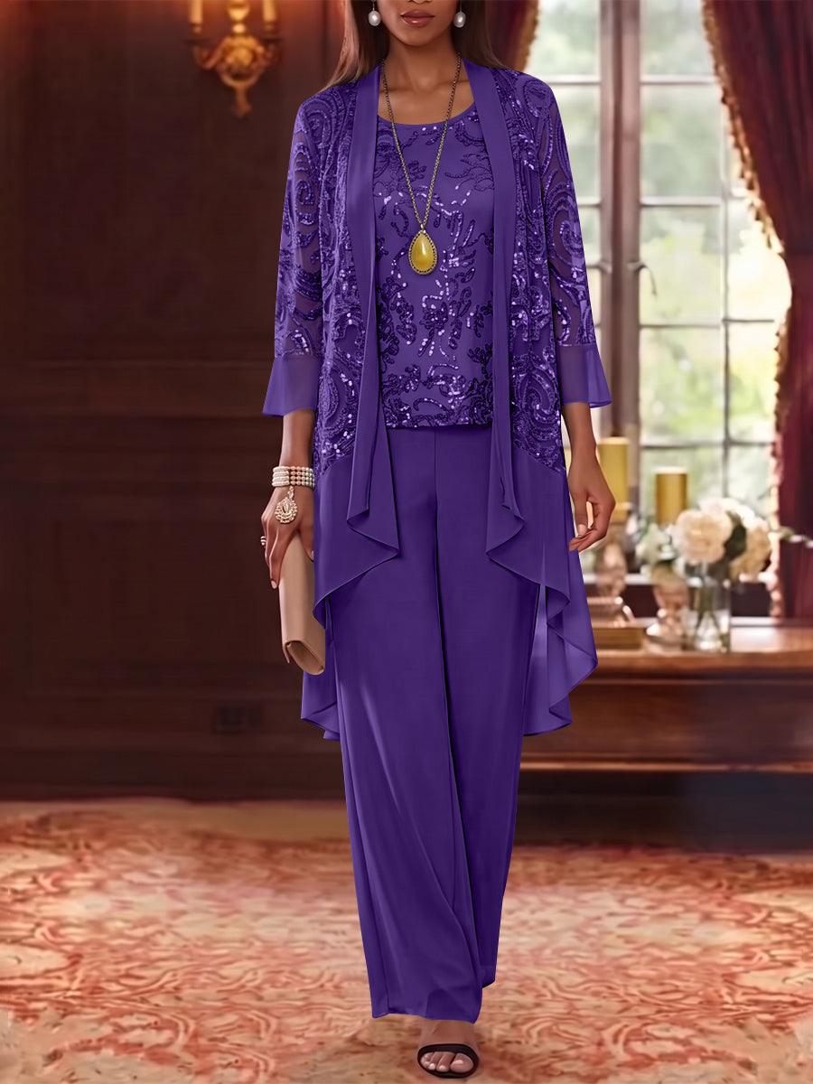 3 Pieces Scoop Chiffon Mother of the Bride Pantsuits with Jacket 3/4 Sleeves Ankle-Length Floral Sequins