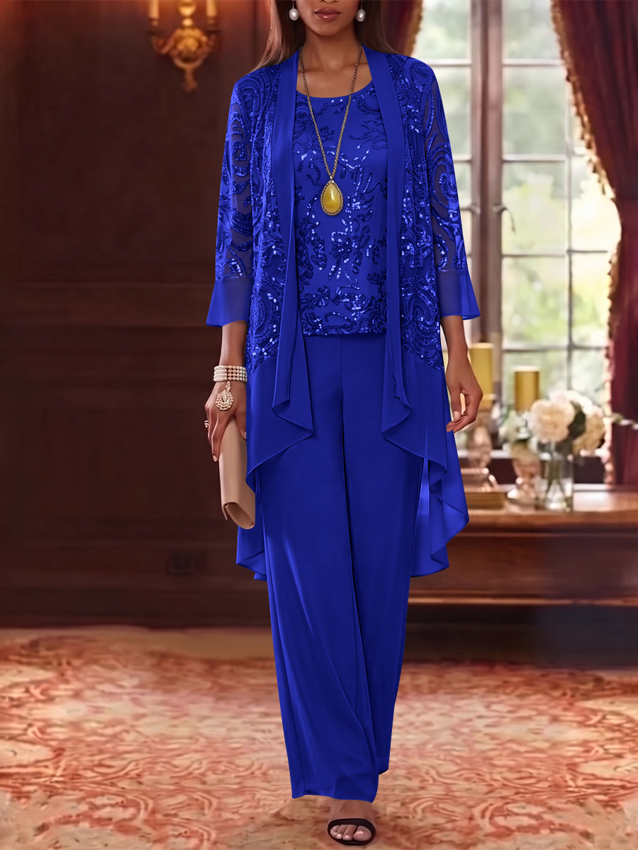 3 Pieces Scoop Chiffon Mother of the Bride Pantsuits with Jacket 3/4 Sleeves Ankle-Length Floral Sequins