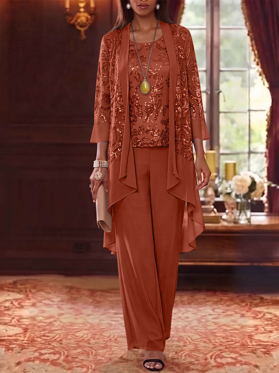 3 Pieces Scoop Chiffon Mother of the Bride Pantsuits with Jacket 3/4 Sleeves Ankle-Length Floral Sequins