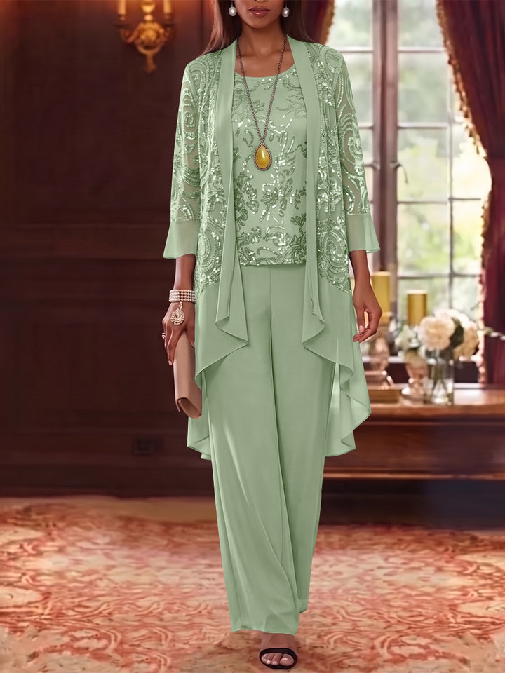 3 Pieces Scoop Chiffon Mother of the Bride Pantsuits with Jacket 3/4 Sleeves Ankle-Length Floral Sequins