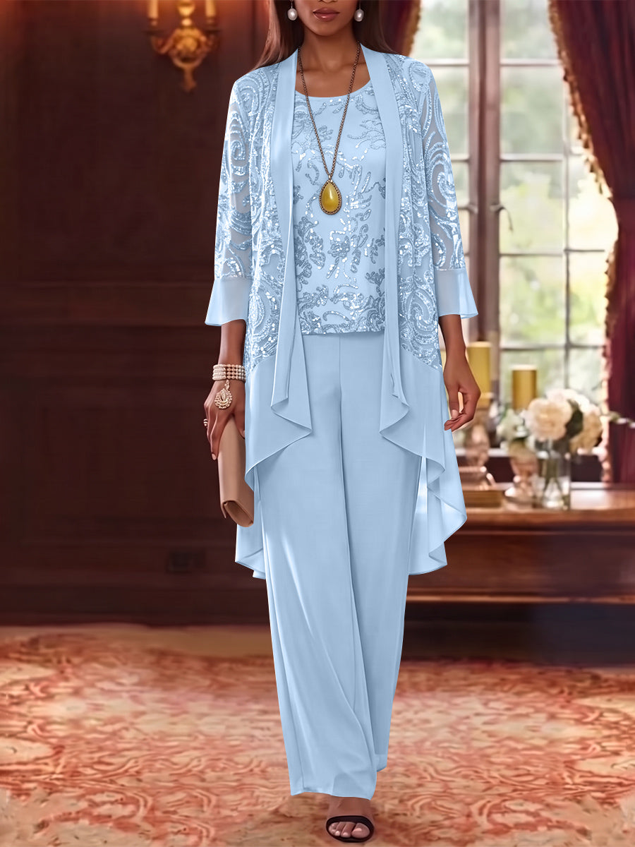 3 Pieces Scoop Chiffon Mother of the Bride Pantsuits with Jacket 3/4 Sleeves Ankle-Length Floral Sequins