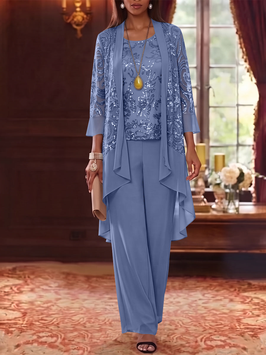 3 Pieces Scoop Chiffon Mother of the Bride Pantsuits with Jacket 3/4 Sleeves Ankle-Length Floral Sequins