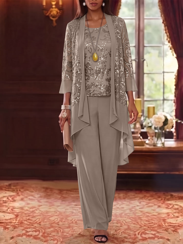 3 Pieces Scoop Chiffon Mother of the Bride Pantsuits with Jacket 3/4 Sleeves Ankle-Length Floral Sequins
