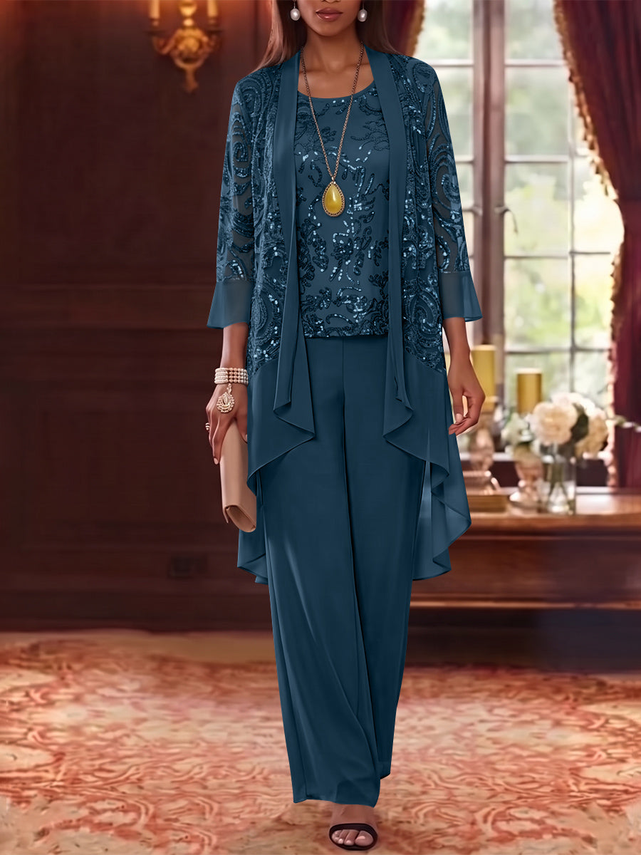 3 Pieces Scoop Chiffon Mother of the Bride Pantsuits with Jacket 3/4 Sleeves Ankle-Length Floral Sequins